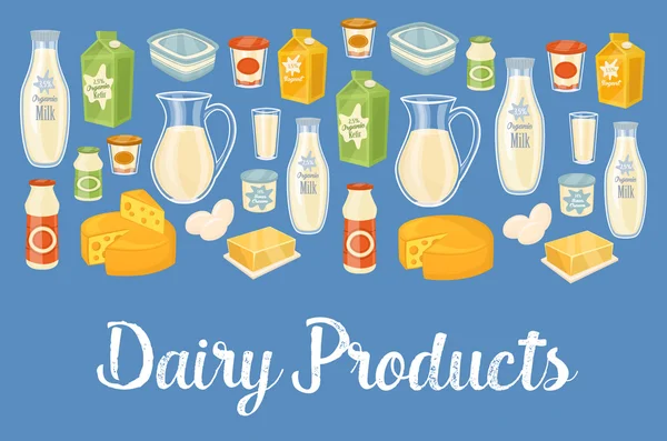 Banner de productos lácteos con iconos de alimentos naturales — Vector de stock