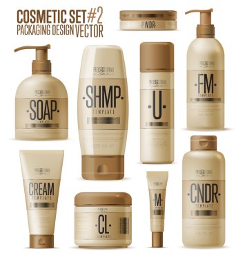 Kozmetik markası şablonu. Gerçekçi şişe seti.