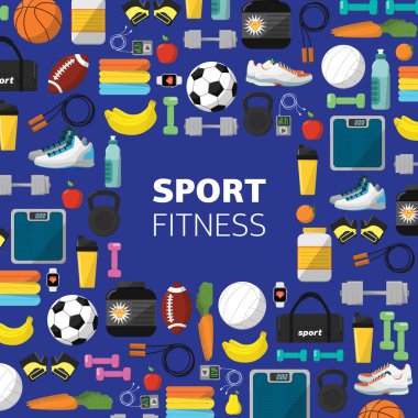 Spor ekipmanları arka plan, raster düz simgesi