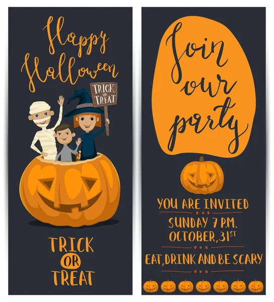 Halloween Party flyers set met kinderen in kostuums — Stockvector