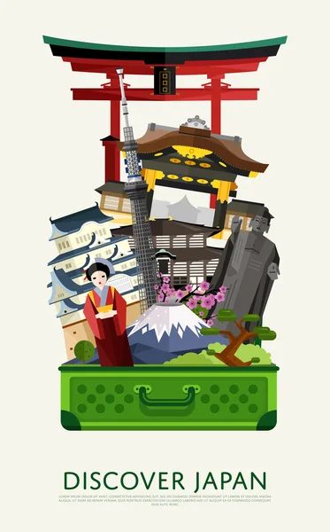 Discover Japan banner with famous attractions. — ストックベクタ