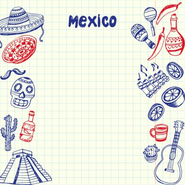 Meksika Semboller Kalem Çizilmiş Doodles Vektör Koleksiyonu