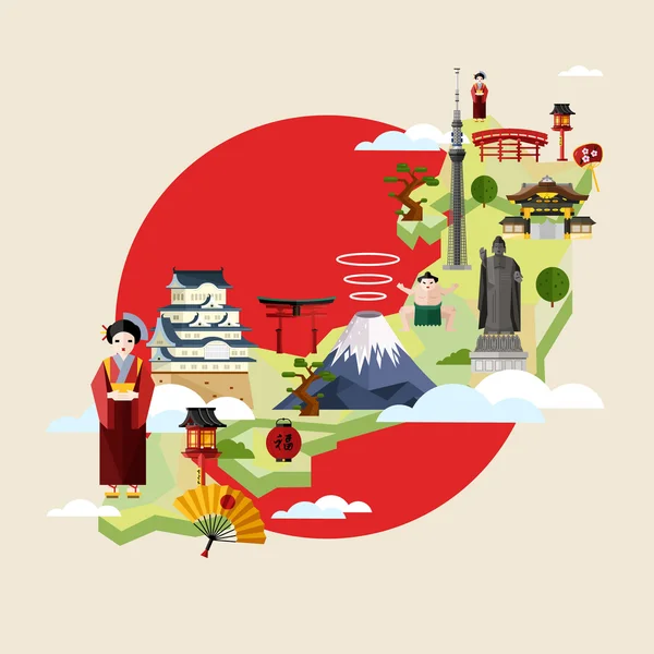 Japón concepto de viaje con atracciones famosas . — Vector de stock