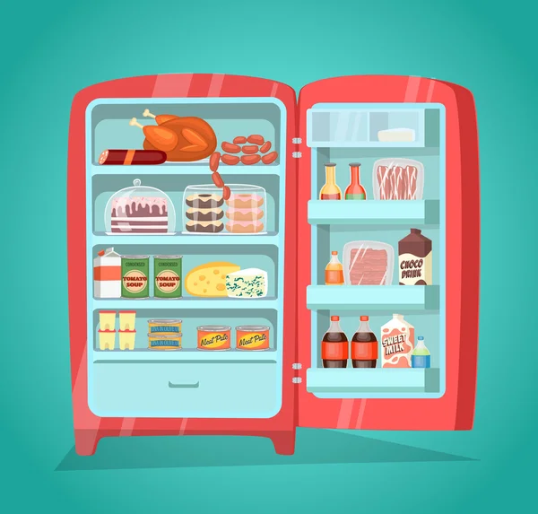 Refrigerador lleno de vectores de alimentos en diseño plano — Vector de stock