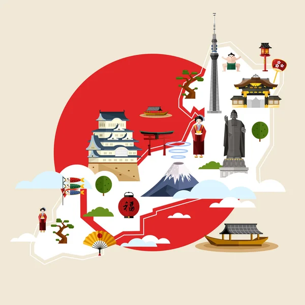 Japón concepto de viaje con atracciones famosas . — Vector de stock