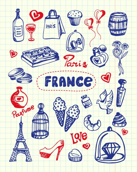 France Symboles Stylo Dessiné Doodles Vector Collection — Image vectorielle