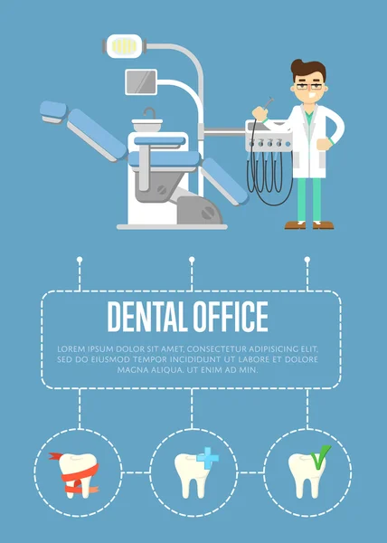 Banner de consultório odontológico com dentista e cadeira dentária — Vetor de Stock