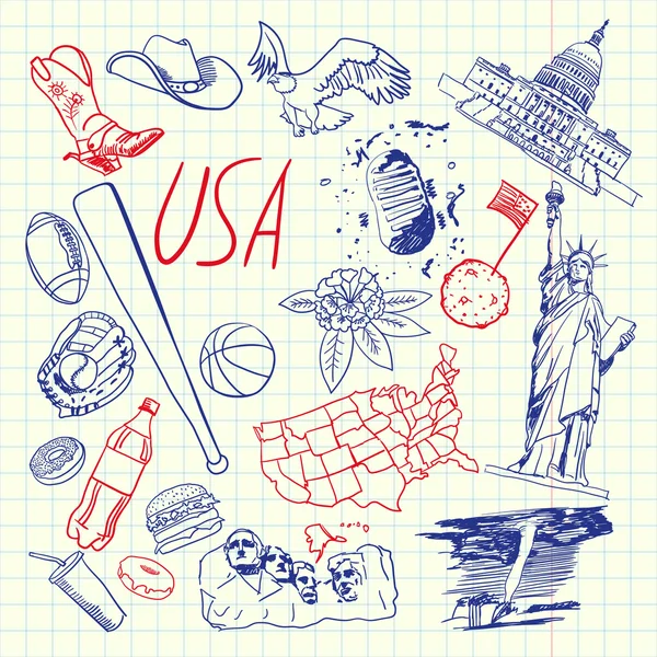 USA Symboles Stylo Dessiné Doodles Vector Collection — Image vectorielle