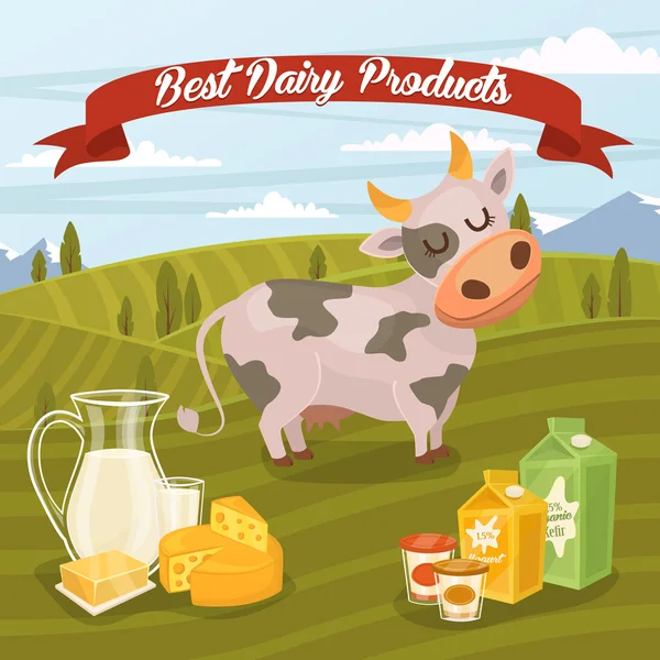 Best dairy products banner with rural landscape — Stockový vektor