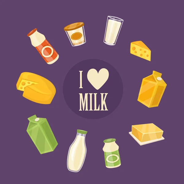 Ich liebe Milch Banner mit Milchprodukten — Stockvektor