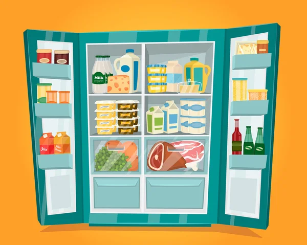 Hűtőszekrény teljes élelmiszer vektor, lapos kivitel — Stock Vector