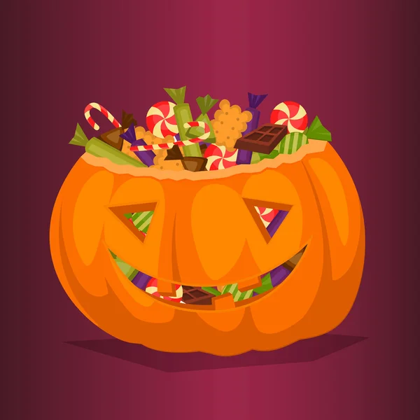 Halloween pumpkin full of candy treats. — Stock Vector