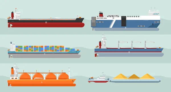 Collection of Cargo Ships Flat Style Illustrations — Διανυσματικό Αρχείο