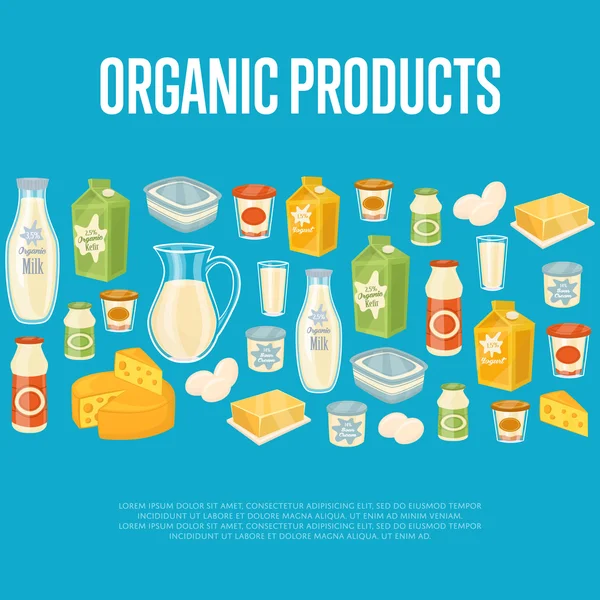 Banner de produtos orgânicos com ícones lácteos — Vetor de Stock