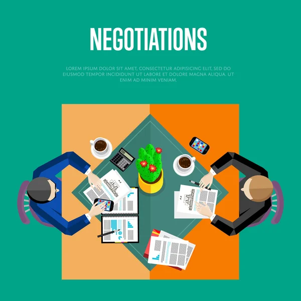 Concepto de negociaciones. Espacio de trabajo con vista superior — Archivo Imágenes Vectoriales