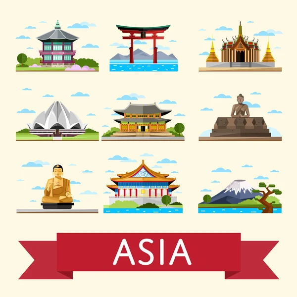 Asian travel set with famous attractions — Stock vektor