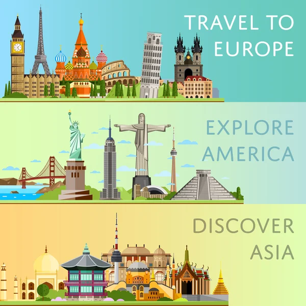Ensemble de voyage dans le monde entier avec attractions célèbres — Image vectorielle
