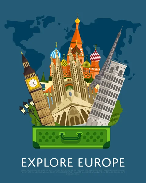 Ontdek Europa banner met beroemde attracties. — Stockvector