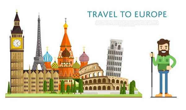 Viajar para Europ banner com atrações famosas —  Vetores de Stock