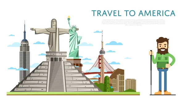 Reizen naar Amerika banner met beroemde attracties — Stockvector