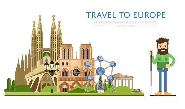 Travel to Europ banner with famous attractions — Διανυσματικό Αρχείο