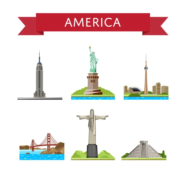 American travel set with famous attractions