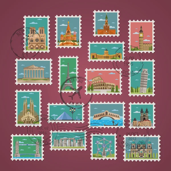 Briefmarken mit berühmten Architekturkompositionen — Stockvektor