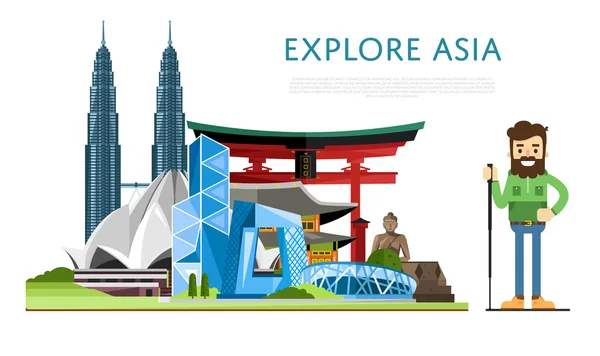 Explore Asia banner with famous attractions — Stockový vektor