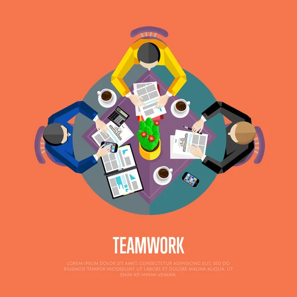 Concepto de trabajo en equipo. Vista superior del fondo del espacio de trabajo — Vector de stock