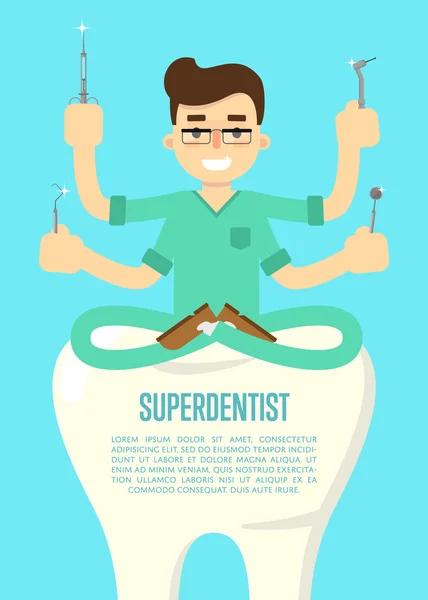 Banner de superdentista com dentista masculino — Vetor de Stock