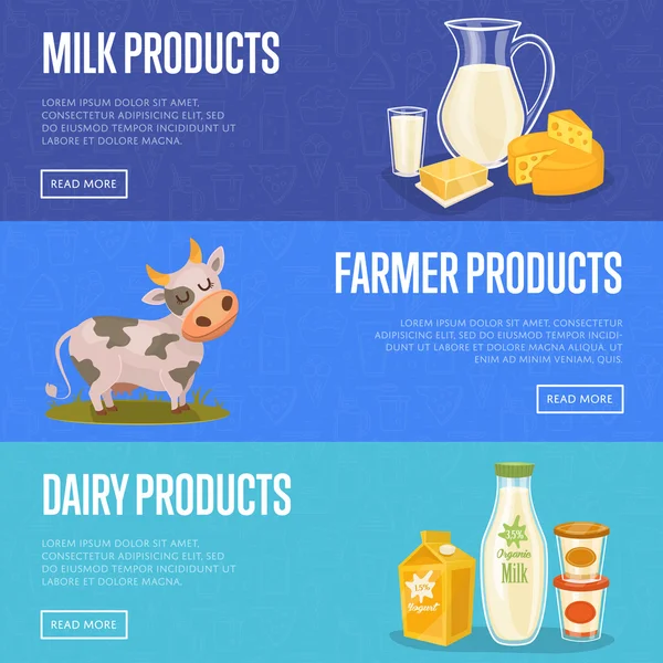 Zestaw banerów poziomych produktów mleczarskich — Wektor stockowy