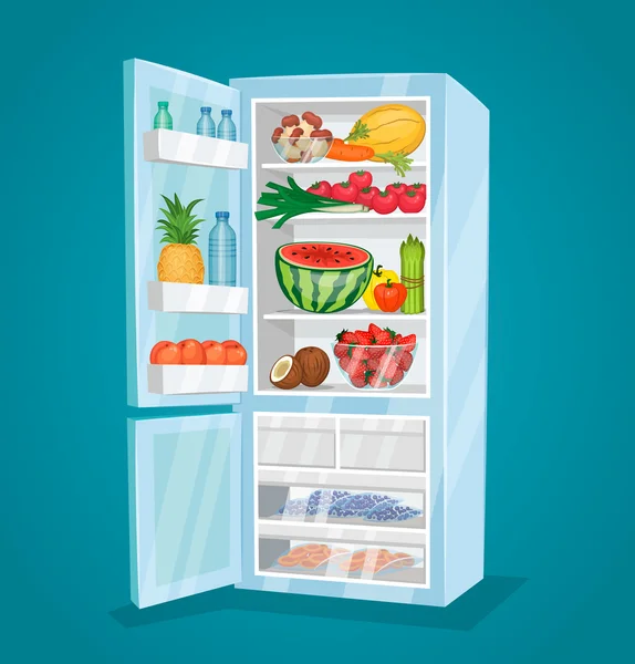 Refrigerador lleno de vectores de alimentos en diseño plano — Vector de stock