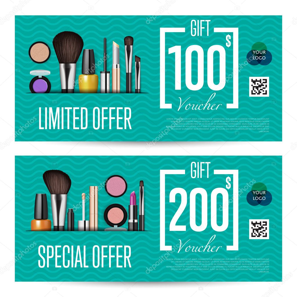 Cosmetics gift voucher template. Gift coupon with fashion makeup accessories and prepaid sum. Makeup brush, powder, lipstick, pencil, polish vectors. Special exclusive offer for cosmetics product sale