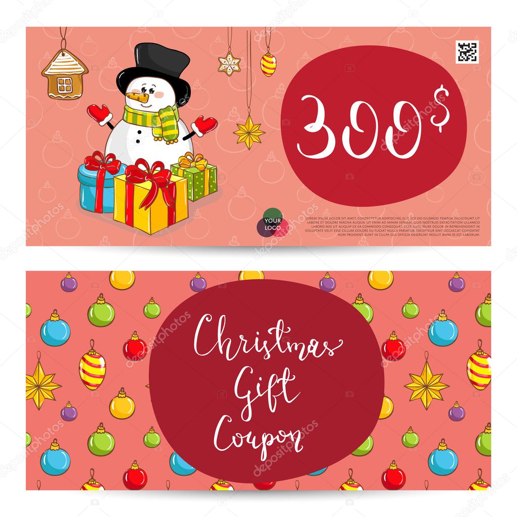 Christmas gift voucher template. Gift coupon with Xmas attributes and prepaid sum. Cute snowman, wrapped gifts, christmas tree toys cartoon vectors. Merry Christmas and Happy New Year greeting card