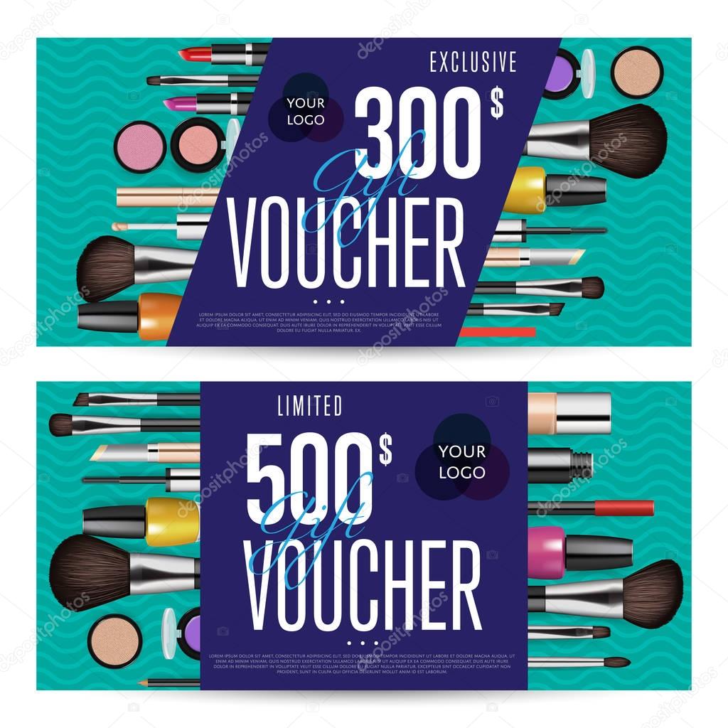 Cosmetics gift voucher template. Gift coupon with fashion makeup accessories and prepaid sum. Makeup brush, powder, lipstick, pencil, polish vectors. Special exclusive offer for cosmetics product sale