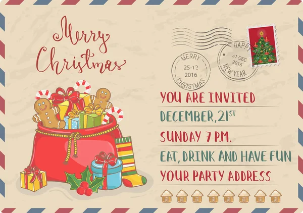 Invitación de Navidad Vintage con sellos postales — Vector de stock