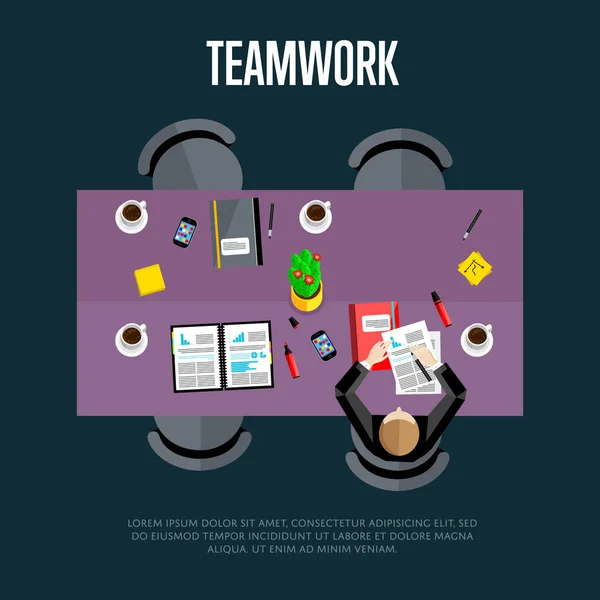 Teamwork concept. Top view workspace background — Stock Vector