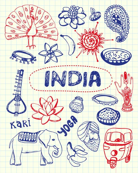 Símbolos indianos caneta desenhada Doodles Vector Collection — Vetor de Stock