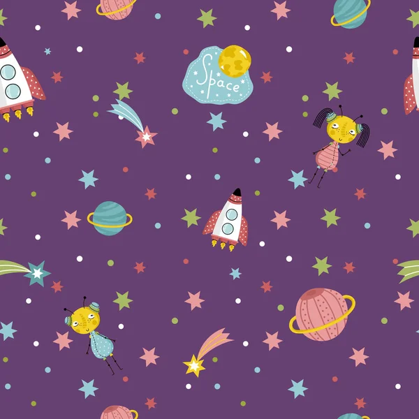 Space Travels Seamless Pattern Vector Cartoon — Stock Vector