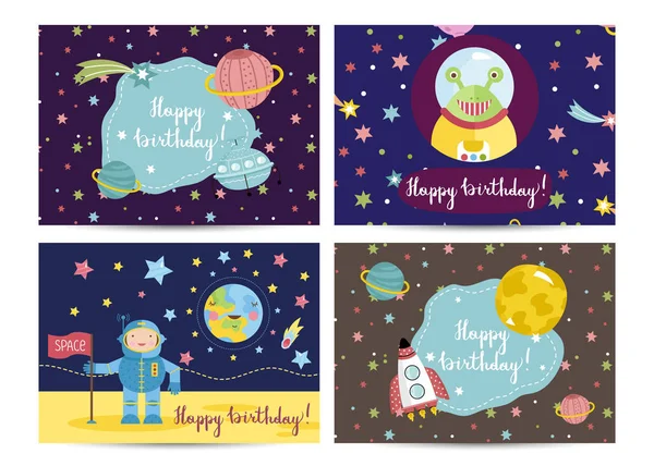 Щасливий день народження Векторні мультфільми Вітальні листівки Набір — стоковий вектор