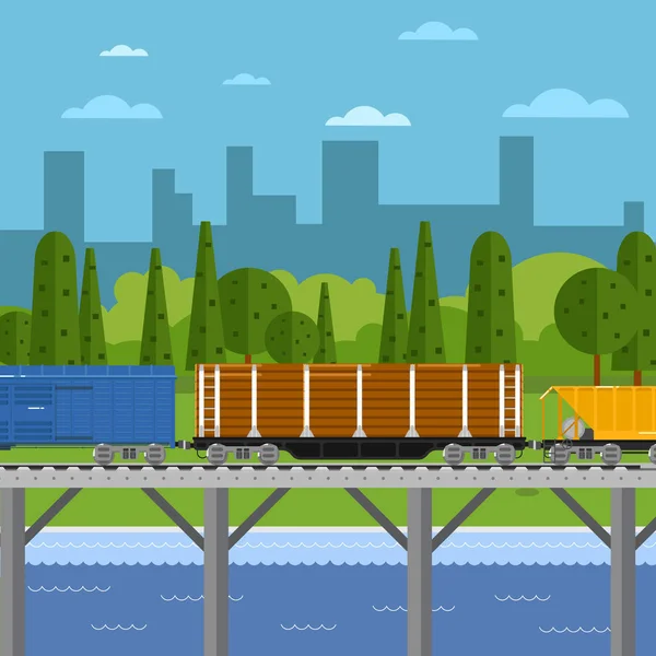 Mixed freight train within urban landscape — Stock Vector