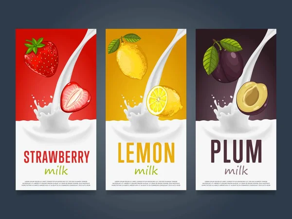 Milkshake concept with milk splash and fruit — Stock Vector