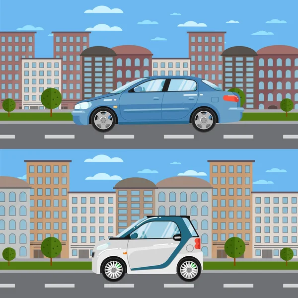 Blå sedan och vit smart bil på väg i city — Stock vektor