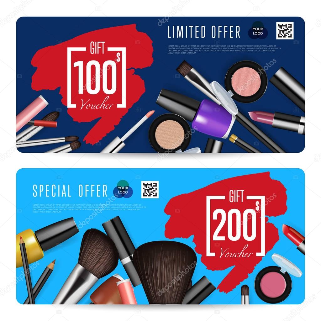 Cosmetics gift voucher template. Gift coupon with fashion makeup accessories and prepaid sum. Makeup brush, powder, lipstick, pencil, polish vectors. Special exclusive offer for cosmetics product sale
