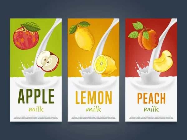 Concept Milkshake avec éclaboussures de lait et fruits — Image vectorielle