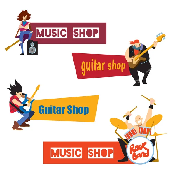 Concept de boutique de musique avec musiciens — Image vectorielle