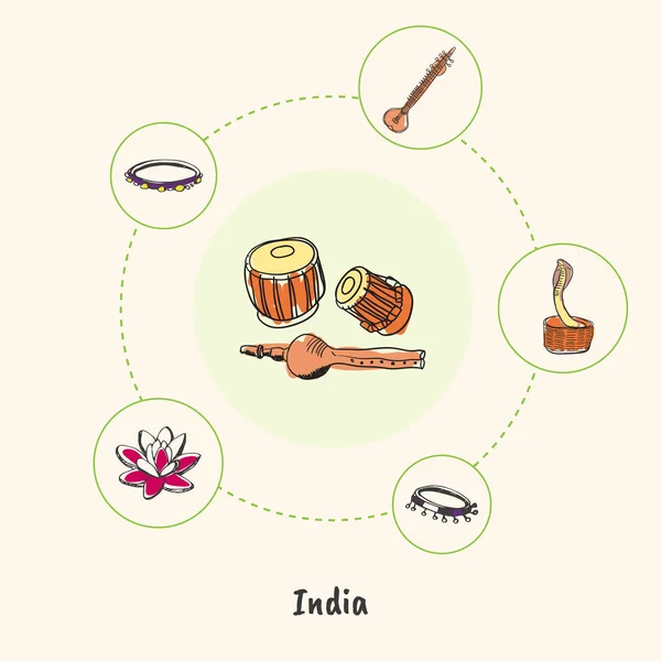 Indiska färgade handritad Doodle ikoner Set — Stock vektor