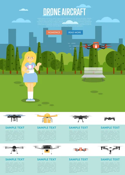 Drone vliegtuigen website sjabloon met vliegende robot — Stockvector