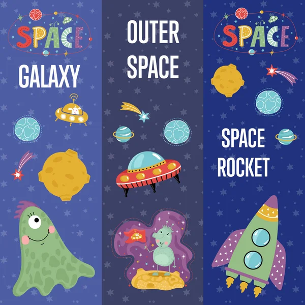 Space Theme Cartoon Web Banners Collection — Stock Vector