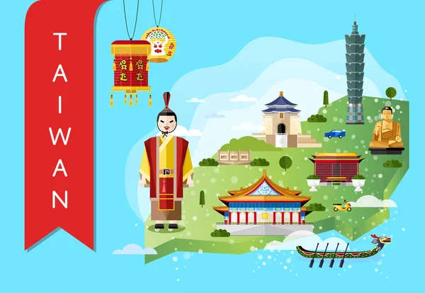 Tajvan utazási fogalom-val híres látnivalók — Stock Vector